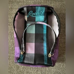 ROOTS Blue Purple & Black Plaid Fabric Zip Up Pencil Case